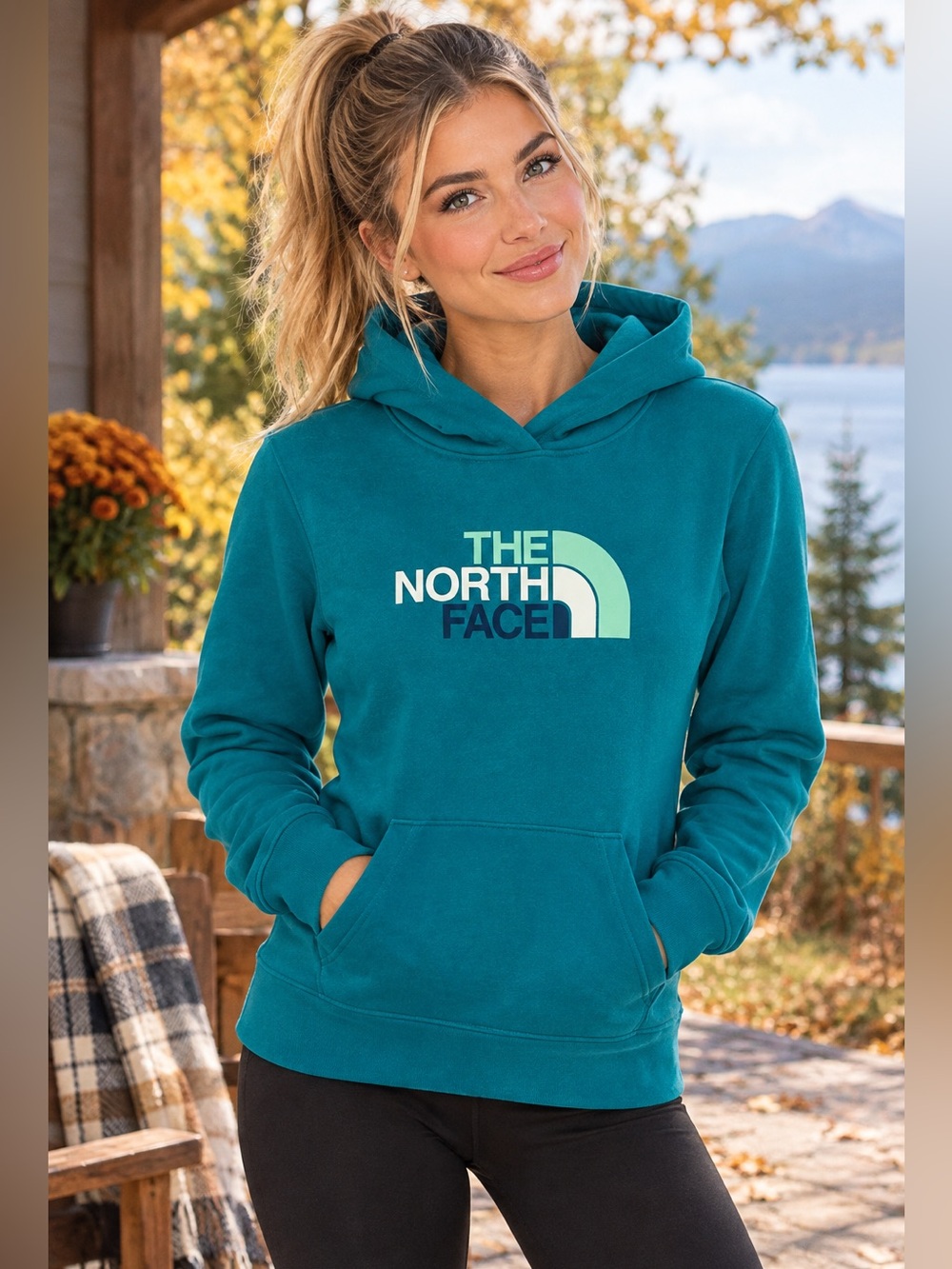 The North Face Classic Women's Teal Logo Hoodie Fall Casual Sweater Size Medium
